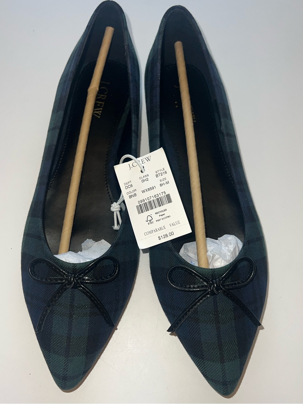 J. Crew Navy and Green Plaid Pointed Ballet Flats with Black Leather Bow